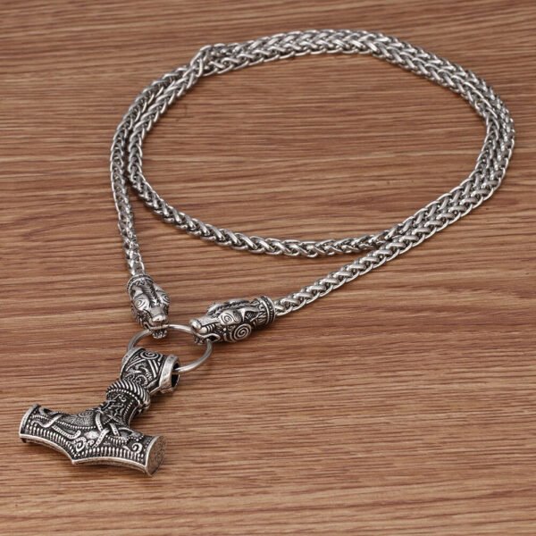 Viking Necklace Walf Head Thor's Hammer Mjolnir Amulet Necklace Men's Jewelry
