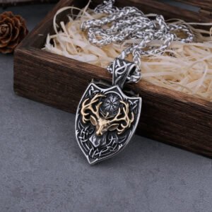Viking Stainless Steel Mixed Gold Deer Head Shield And Signpost Vegvisir Necklace Men's Charm Amulet Pendant Viking Jewelry Gift - Necklace