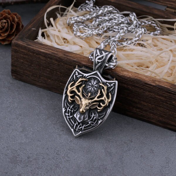 Viking Stainless Steel Mixed Gold Deer Head Shield And Signpost Vegvisir Necklace Men's Charm Amulet Pendant Viking Jewelry Gift - Necklace