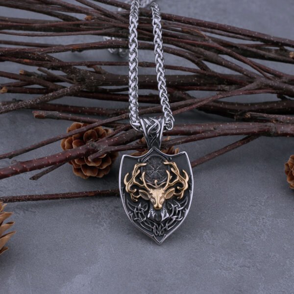 Viking Stainless Steel Mixed Gold Deer Head Shield And Signpost Vegvisir Necklace Men's Charm Amulet Pendant Viking Jewelry Gift - Necklace