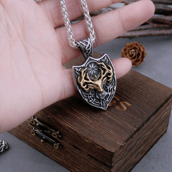 Viking Stainless Steel Mixed Gold Deer Head Shield And Signpost Vegvisir Necklace Men's Charm Amulet Pendant Viking Jewelry Gift - Necklace