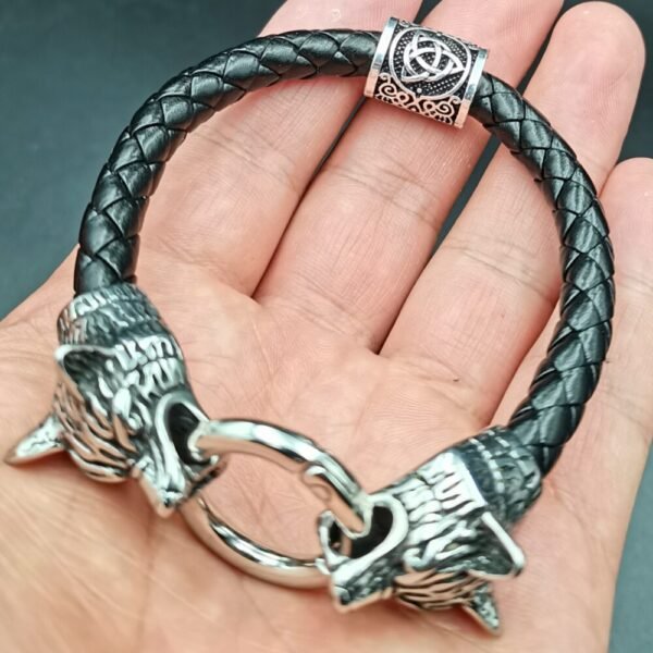 Viking Magic~Viking rune bead Wolf Head Bracelet Stainless Steel Leather Bracelet