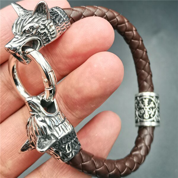 Viking Magic~Viking rune bead Wolf Head Bracelet Stainless Steel Leather Bracelet