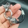 Viking Magic~Viking rune bead Wolf Head Bracelet Stainless Steel Leather Bracelet