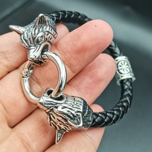 Viking Magic~Viking rune bead Wolf Head Bracelet Stainless Steel Leather Bracelet