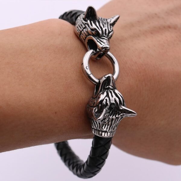 Viking Magic~Viking rune bead Wolf Head Bracelet Stainless Steel Leather Bracelet