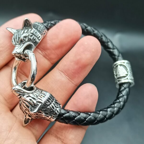 Viking Magic~Viking rune bead Wolf Head Bracelet Stainless Steel Leather Bracelet