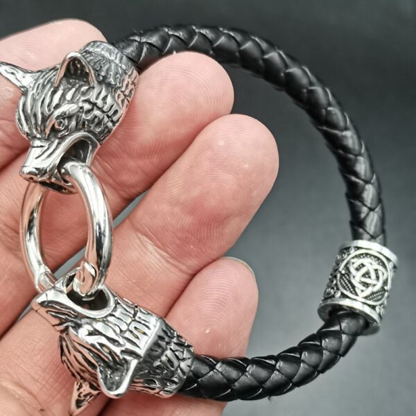 Viking Magic~Viking rune bead Wolf Head Bracelet Stainless Steel Leather Bracelet