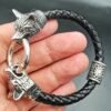 Viking Magic~Viking rune bead Wolf Head Bracelet Stainless Steel Leather Bracelet