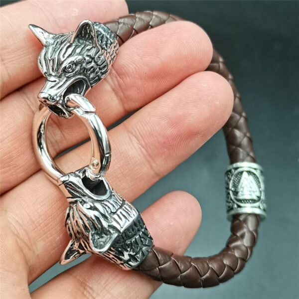 Viking Magic~Viking rune bead Wolf Head Bracelet Stainless Steel Leather Bracelet