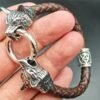 Viking Magic~Viking rune bead Wolf Head Bracelet Stainless Steel Leather Bracelet