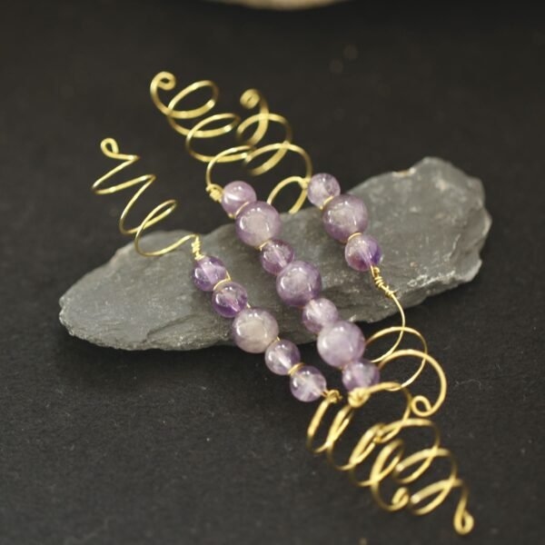 Vintage Amethyst Hair Ring Natural Crystal Hair Beads Viking Spiral Hair Braid Jewelry  Wicca Accessories Gift