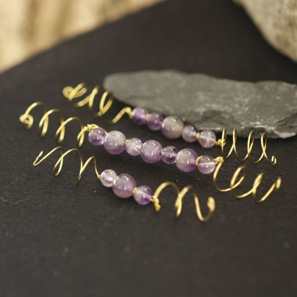 Vintage Amethyst Hair Ring Natural Crystal Hair Beads Viking Spiral Hair Braid Jewelry  Wicca Accessories Gift