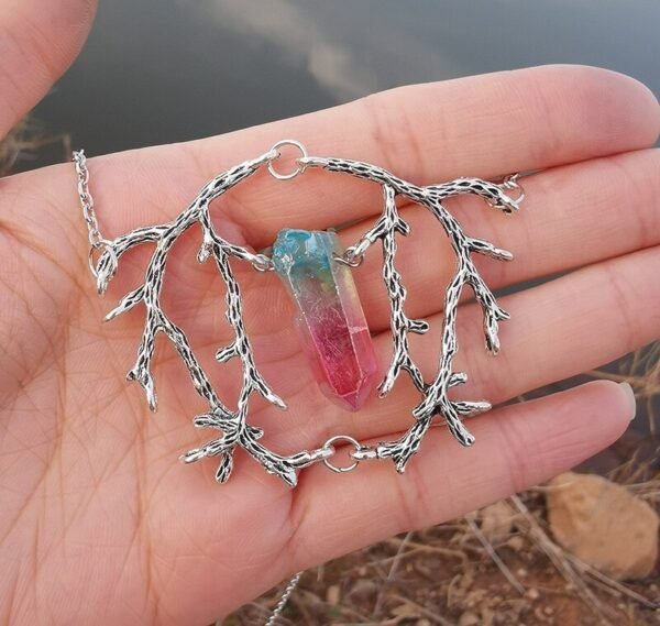 Vintage Branch Antlers Natural Crystal Pendant Necklace Sweater Chain Gift