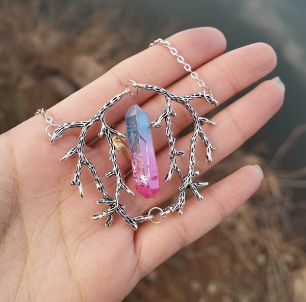 Vintage Branch Antlers Natural Crystal Pendant Necklace Sweater Chain Gift