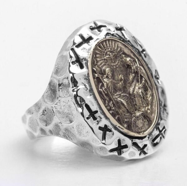 Vintage Golden Man Holding A Cross High Quality Metal Ring Men Religious Style Punk Jewelry