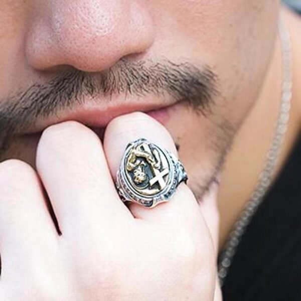 Vintage Golden Man Holding A Cross High Quality Metal Ring Men Religious Style Punk Jewelry