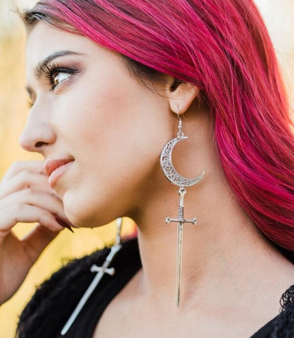 Vintage Hand Sword Crescent Moon Earring Gothic Wiccan Jewelry