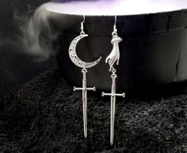 Vintage Hand Sword Crescent Moon Earring Gothic Wiccan Jewelry