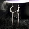Vintage Hand Sword Crescent Moon Earring Gothic Wiccan Jewelry
