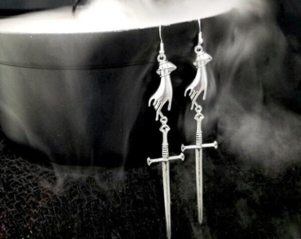Vintage Hand Sword Crescent Moon Earring Gothic Wiccan Jewelry