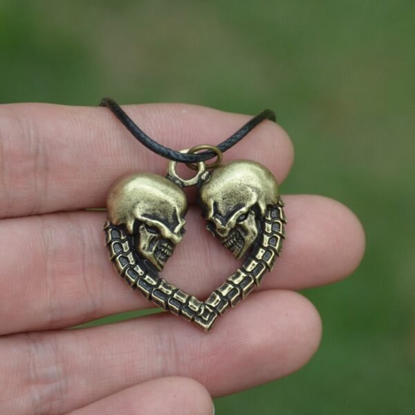 Vintage Heart Couple Skull Pendant Necklace Biker Punk Gothic Jewelry For Women Men
