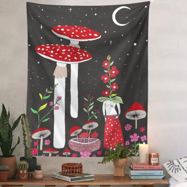 Vintage Mushroom Tapestry Wall Hanging Psychedelic Moon Tapestry Flower Girls Tapestry Colorful Vertical Tapestry for Room