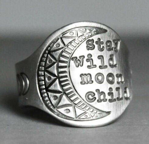 Vintage Silver Crescent Moon Stay Wild Ring Gothic Ring Punk Party  Jewelry For Gift