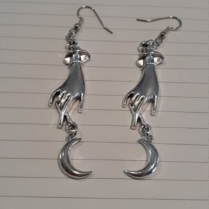Vintage Silver Hand Statement Crescent Moon Earring Gothic Pagan Jewelry