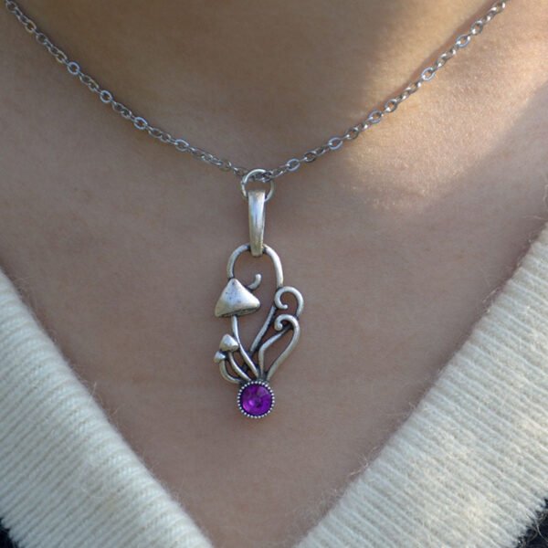 Vintage Silver Magic Mushroom Crystal Necklace Plant Jewelry