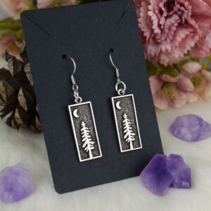 Vintage Silver Pine Tree With Crescent Moon Pendant Dangle Earring Natural Jewelry for Women