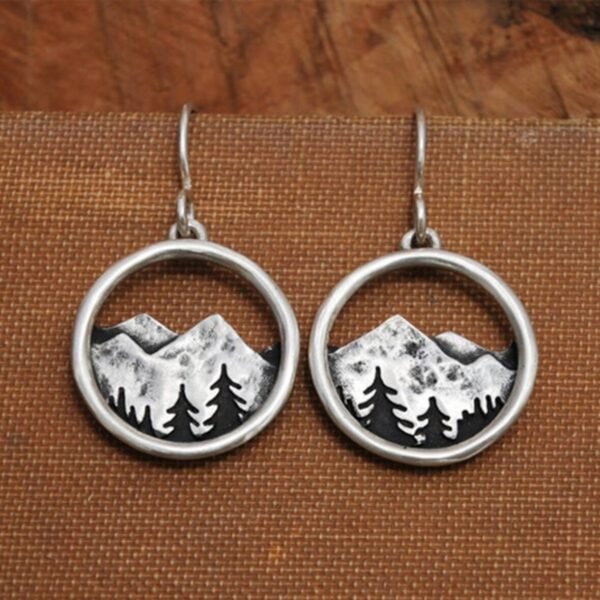 Vintage Silver Three-dimensional Round Mountain Hollow Pendant Earrings Wicca Holiday Birthday Gift