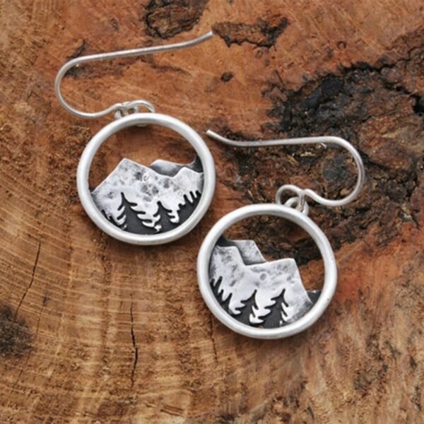 Vintage Silver Three-dimensional Round Mountain Hollow Pendant Earrings Wicca Holiday Birthday Gift