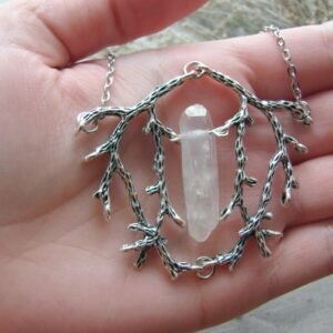 Vintage Silver Twig Branch Aura Quartz Pendant Witch Talisman Gift Gothic Woodland Magic Necklace