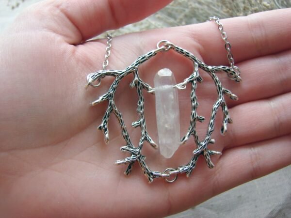 Vintage Silver Twig Branch Aura Quartz Pendant Witch Talisman Gift Gothic Woodland Magic Necklace