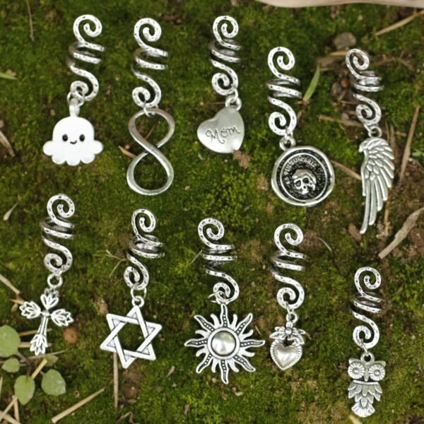 Vintage Viking Spiral Hair Braid Moon Pentagram Sun Angel Wing Skull Emblem Hair Bead Jewelry