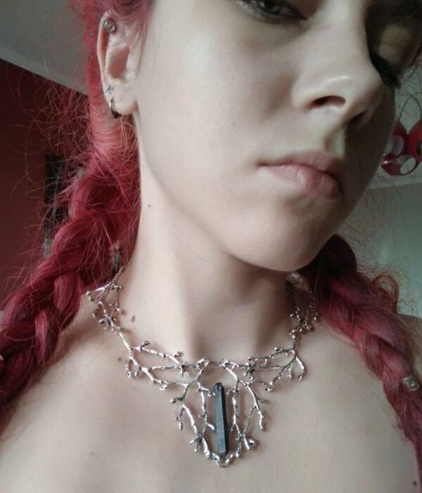 Vintage Witch Fantasy Forest Pendant Black Titanium Raw Quartz Branches Necklace Pagan Jewelry