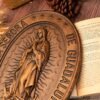 Virgin Mary of Guadalupe statue, oval wood carving ornament, home wall art decoration, catholic religious figure, christian gift