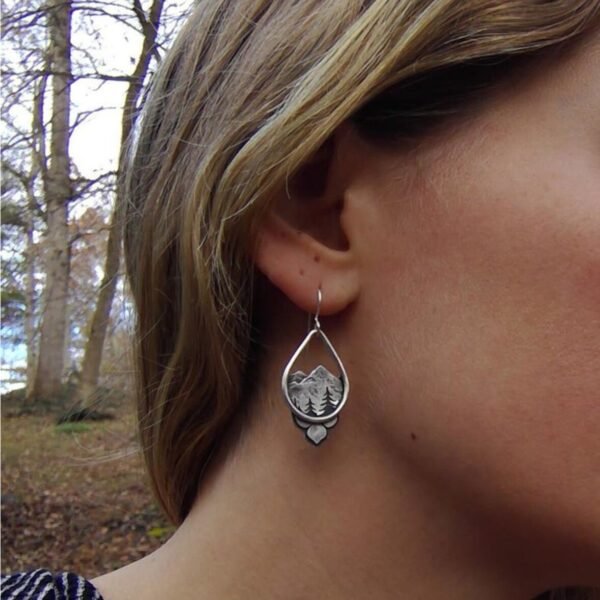 Water drop mountain forest tree earrings silver mountain pine round pendant earrings Wicca holiday birthday gift