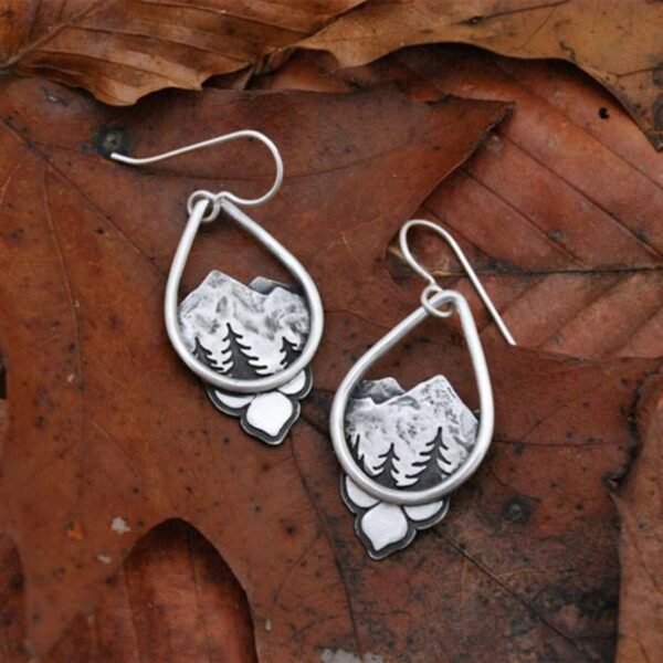 Water drop mountain forest tree earrings silver mountain pine round pendant earrings Wicca holiday birthday gift