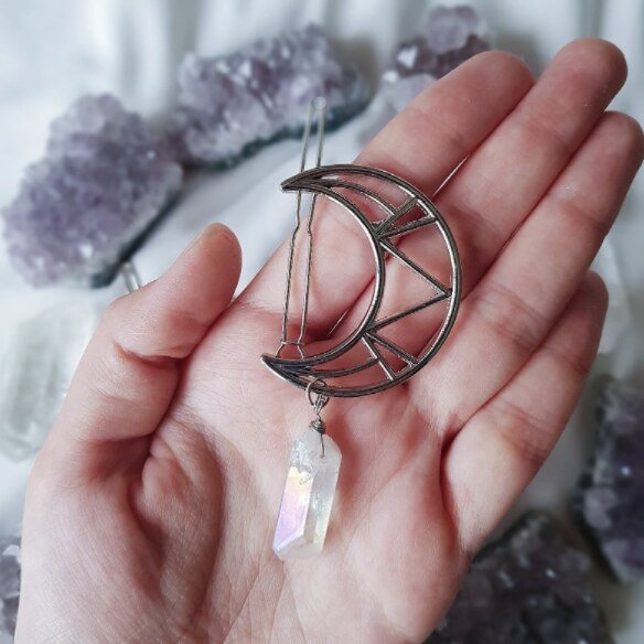 White silver Quartz Hair Clip pin comb crystal quartz wedding festival witchy mermaid crescent moon gothic gipsy boho hair pin