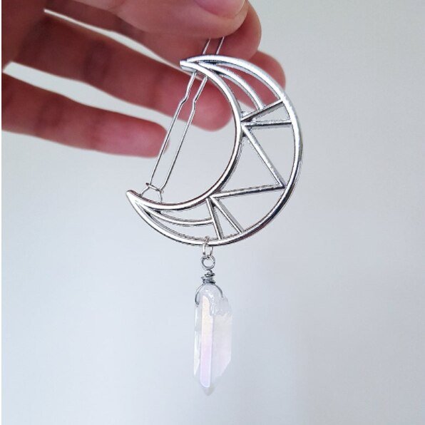 White silver Quartz Hair Clip pin comb crystal quartz wedding festival witchy mermaid crescent moon gothic gipsy boho hair pin