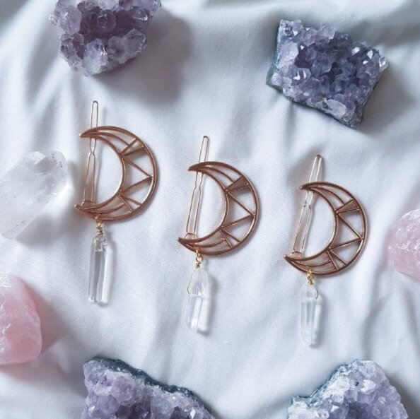 White silver Quartz Hair Clip pin comb crystal quartz wedding festival witchy mermaid crescent moon gothic gipsy boho hair pin