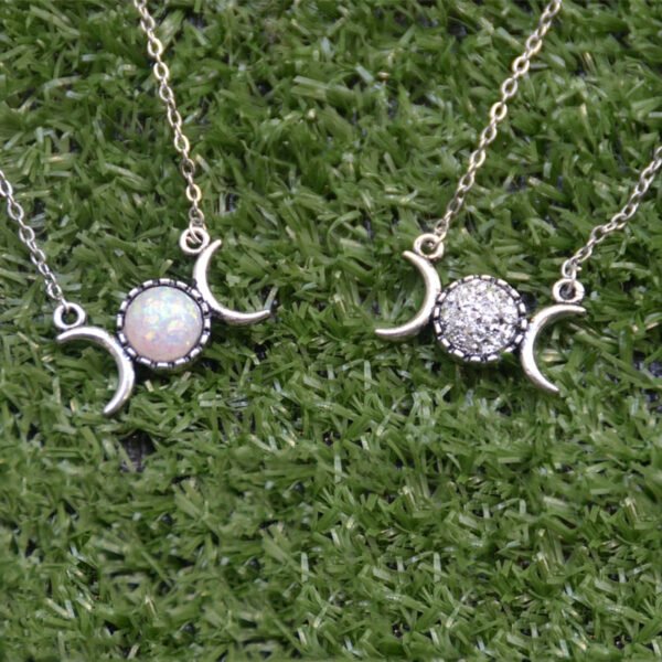 Wiccan Jewelry Witchcraft Triple Moon Necklace Opal Druzy Moon Triple Goddess Necklace Triple Crescent Moon Jewelry