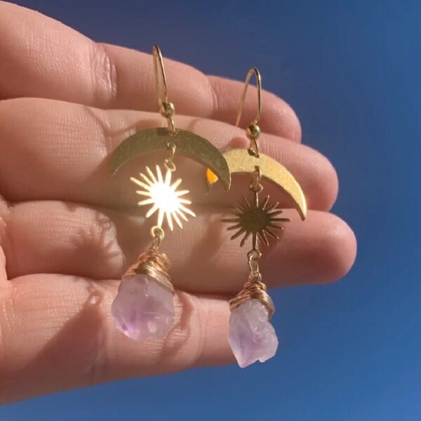 Witch Amethyst Sunburst Earrings Moon Dangle Celestial BOHO Dangle Women Fashion Statement Handmade Jewelry Gift 2022