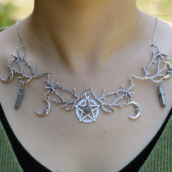 Witch Antler Branches Necklace Pentagram Crescent Moon Crystal Stone Party Wedding Necklace Wiccan Pagan Jewelry For Gift
