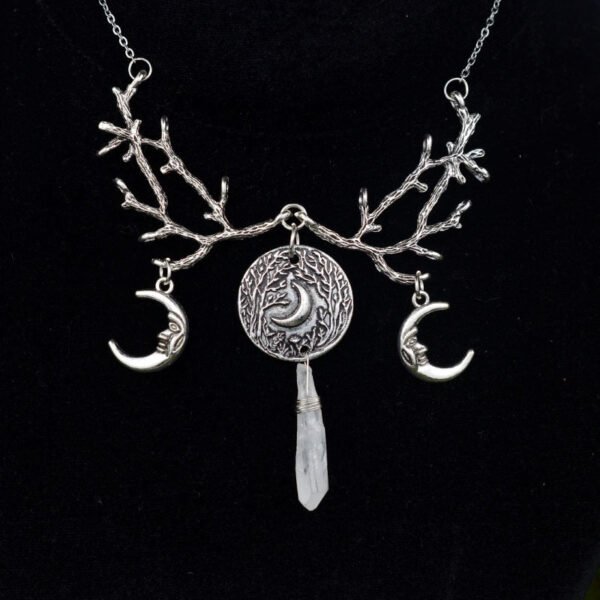 Witch Antlers Branch Crescent Moon Forest With Crystal Quartz Pendant