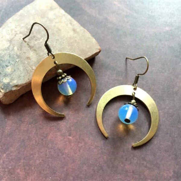 Witch Brass Moonstone Crecent Moon Earrings Celestial Astronomy Boho Hippies Jewelry  for Her Beautifu Fashion Trend