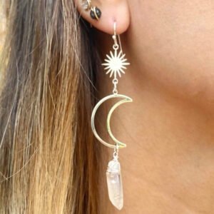 Witch Celestial Crescent Moon Quartz Dangle Earrings Wiccan Craft