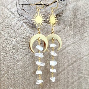 Witch Celestial Sun Crescent Moon Crystal Quartz Dangle Earrings for women